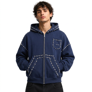 Sweat-shirt d'hiver personnalisé pour homme, à fermeture éclair, orné de perles, en coton épais, coupe oversize, style streetwear, marque privée, vêtements OEM ODM - Product Image 2