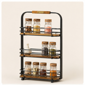 Étagère à épices de comptoir de cuisine à 3 niveaux avec cadre en métal et étagères en bois naturel, support pour pots à épices pour la décoration de la maison - Product Image 5