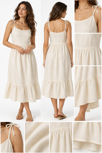 Robe plissée mi-longue en coton et lin tissé de qualité supérieure, respirante, à bretelles nouées et ourlet à volants – Collection décontractée en gros - Product Image 3