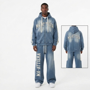 Chándal de invierno para hombre Ma-Attiera, con capucha, color azul teñido, de algodón, corte regular, informal, con bolsillos laterales y estampado del logotipo. - Product Image 1