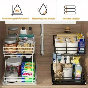 Two-Tier Pull-Out Cabinet Organizer Slidable Sink <b>Storage</b> for <b>Kitchen</b> Bathroom Efficient Multi-Layer Cabinet Organizing Solution - Product Image 5