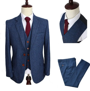 Costume trois pièces bleu pour homme, coupe ajustée, revers cranté, blazer, gilet et pantalon, infroissable, pour affaires, mariage et tenue formelle, pour adultes - Product Image 1