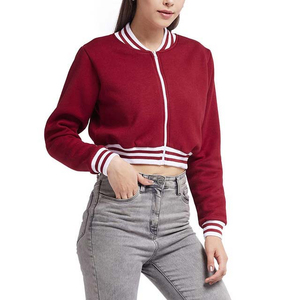 Red <b>Varsity</b> <b>Jacket</b> <b>Women</b> Short Length Full Sleeve Zipper Closure Turn-down Collar Knitted Polyester Autumn Casual Outerwear - Product Image 4