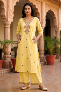 Conjunto de Kurta y Pantalón Tejido 100% Algodón con Bordado Amarillo, Traje Tradicional Étnico para Mujer, Secado Rápido, Corte Regular para Uso Casual y de Fiesta - Product Image 1