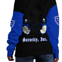 Chemises épaules dénudées OEM 1920 Zeta Phi Beta, broderie bleue et noire Zita et logo en chenille, chemises épaules dénudées grecques pour femmes