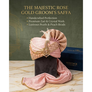 Turbante de Seda Color Oro Rosa para Novio, Adornado con Cristales Zari Color Durazno y Perlas, para Bodas - Product Image 3