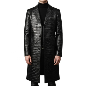 Abrigo Largo de Cuero Genuino Negro para Hombre, Solapa con Muescas, Cierre de un Solo Botón, Manga Regular, Patrón de Cocodrilo Repujado - Product Image 1