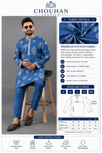Mens Ethnic Blue Printed Cotton Kurta Pajama <b>Set</b> Embroidered Neck Indian Traditional Festival Outfit Wholesale Supplier B2B - Product Image 2