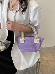 Customised Handwoven Purple <b>Small</b> Fashion Cotton Rope <b>Basket</b> Bag Carry Convenient with Vibrant rainbow Handles - Product Image 2