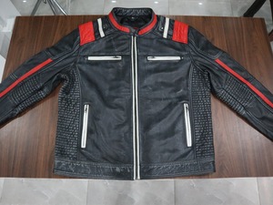 Veste de moto en cuir véritable respirante pour homme, col montant, fermeture éclair, rayures rouges unies, style moto et motard, toutes saisons - Product Image 1