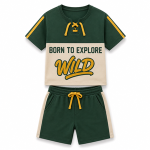 Conjunto de camiseta y pantalones cortos de algodón con estampado Born To Explore Wild, cuello redondo, informal, para verano, para hombre - Product Image 1