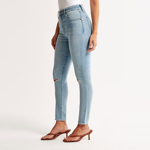 Pantalones Vaqueros Elásticos de Mezclilla para Mujer, Corte Regular, Cintura Alta, 100% Algodón, Ecológicos, Estilo Urbano, Azul Claro, Invierno, Venta al Por Mayor - Product Image 3