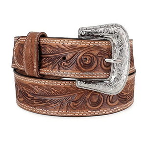 High Quality Embossed Logo Flower Pattern Western Belt Italian Cowhide Full Grain Vintage Genuine Leather Belt for Men - Product Image 3