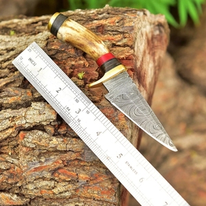 Cuchillo de desollar de acero de Damasco hecho a mano con hoja de punta caída y mango de cuerno y madera, cuchillo de camping para hombre - Personalizable ODM/OEM/OBM - Product Image 2
