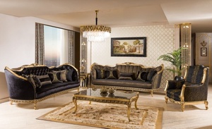Royal Solid Teak Wood <b>Sofa</b> Set Luxury 7 Seater <b>Black</b> Gold Carved Turkish Neo Classic Couch Coffee <b>Table</b> Living Room Furniture - Product Image 3