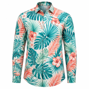 เสื้อเชิ้ตฮาวายลายดอกไม้เขตร้อนสำหรับผู้ชาย แขนยาว ปกคอพับได้ ระบายอากาศได้ดี ผลิตจากโพลีเอสเตอร์ เหมาะสำหรับใส่ไปเที่ยวพักผ่อน สไตล์ฤดูร้อน - Product Image 1