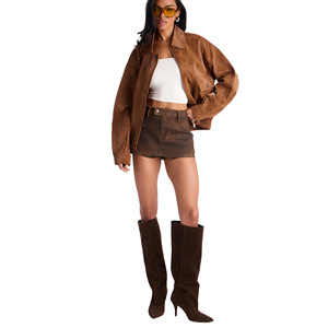Women Genuine Leather <b>Western</b> Style <b>Jacket</b> Classic Slim Fit Zip-Up Black Plain Dyed Linen/Silk Customized Logo Factory Price - Product Image 3