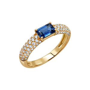 Luxury Yellow Gold Sapphire <b>Ring</b> with Pave Diamond Band Classic Women's Gemstone Engagement Wedding Fine Jewelry - Product Image 1