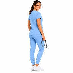 Women Scrub <b>Set</b> V Neck Short Sleeve Top Cuffed Jogger Pants Solid Color Medical Uniform Hospital Wear Blue - Product Image 4