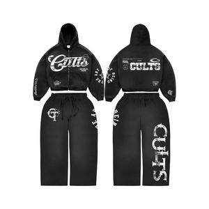 Men's Hoodie Sweatshirt Set Black Cotton <b>French</b> Terry Streetwear Zipper Jacket Pants Matching <b>Outfit</b> Autumn 320gsm - Product Image 1