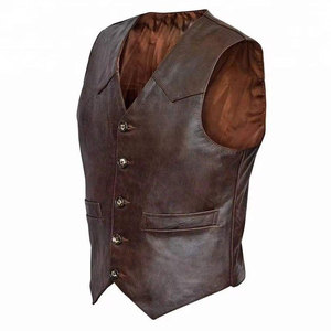 <b>Men</b> Genuine <b>Leather</b> <b>Vest</b> V Neck Single Breasted Zipper Front Solid Color Biker Style Windproof Winter Outerwear Regular Fit - Product Image 2