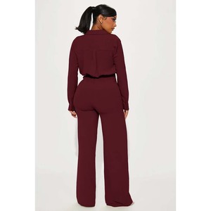 Women's Burgundy High Waist Long Sleeve Jumpsuit With Belt Turn-Down Collar Solid Color Loose Fit Clubwear Autumn Style - Product Image 2