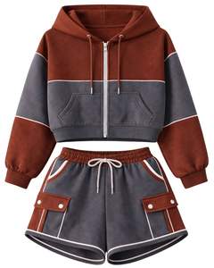 Women Rust Brown And Charcoal Grey Color Block Crop Zip Hoodie <b>Shorts</b> Set With Cargo Pockets Casual Two Piece Outfit Wholesale - Product Image 1