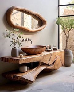 Miroir rond en bois massif sculpté à la main, décor mural artistique de luxe pour salon - Product Image 1