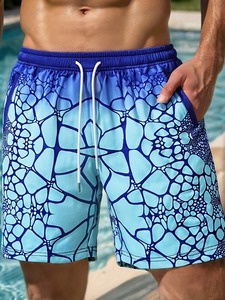Shorts de Baño para Hombre con Estampado Geométrico, Secado Rápido, Cordón Ajustable, Bolsillos, Cintura Media, Diseño Azul con Patrones - Product Image 5