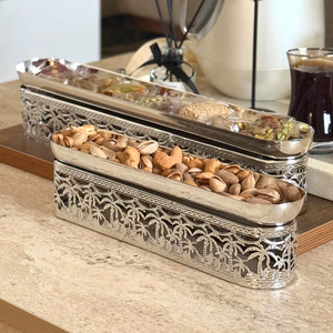 Modern <b>Metal</b> Serving Canisters Bowl Features Sleek Silver Long Oval Pans With Etched Detailing, Ideal For Hotel Buffet Display - Product Image 5