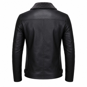 <b>Men's</b> Premium Black Genuine Leather <b>Jacket</b> with <b>Shearling</b> Collar Custom Winter Casual Zip-Up Leather Coat - Product Image 3