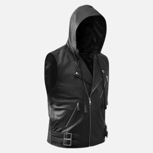 Chaleco de cuero genuino para hombre, estilo motociclista con capucha, diseño de solapa y cremallera diagonal, sin mangas, de piel de vacuno, servicio OEM, transpirable - Product Image 5