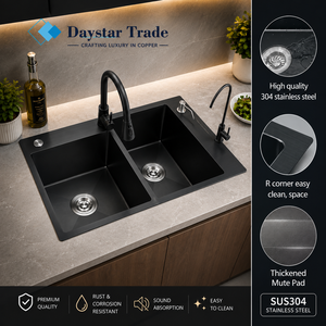Daystar Trade Modern Design Stainless Steel Double Bowl Handmade Kitchen Sink Faucet Two-Hole SUS304 Bottom Black Undermount - Product Image 4