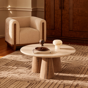 Grande table basse ovale en marbre, confectionnée avec un plateau en bois cannelé sur deux pieds, disponible à prix de gros. - Product Image 5