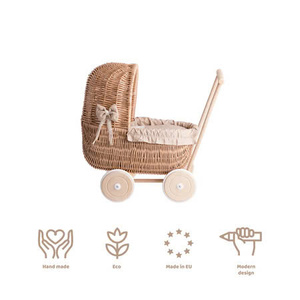 Cochecito de Ratán Natural para Muñecas con Marco de Madera y Ruedas, para Edades de 2 a 4 Años, Juguete Educativo Unisex - Product Image 5