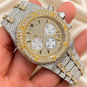 Montre chronographe mécanique de luxe bicolore en moissanite glacée avec mouvement ETA, bracelet en acier inoxydable, cadran rond 41 mm pour homme - Raj Gems - Product Image 6
