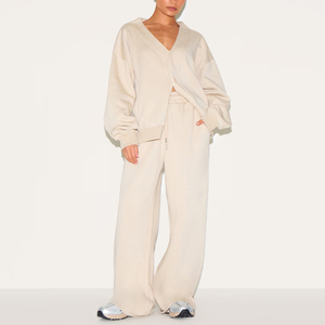 Pantalon streetwear ample à jambe large et taille mi-haute pour femme, en molleton polyester/coton, couleur unie, hiver, longueur intégrale, taille élastique - Product Image 1