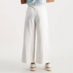 Pantalon décontracté taille haute en coton blanc coupe droite ample style été couleur unie tissu tissé - Product Image 2