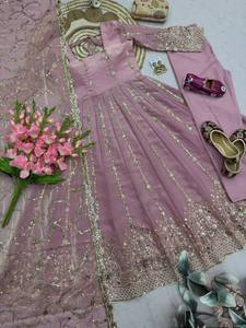 Elegant Pink Organza Anarkali Dress With Gold Embroidery Full Sleeve A-Line Maxi Gown Square Neck Sheer Layer Design - Product Image 3