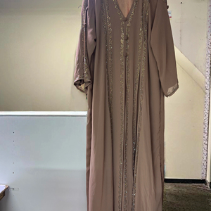 Wholesale Modest Dubai Beaded Sequined Long Sleeve Abaya Muslim Traditional Handmade Wedding Women Polyester Breathable V Neck - Product Image 1