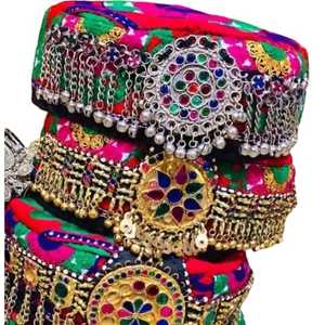 Sombrero Tribal Afgano Bohemio con Bordado, Cuentas, Monedas y Borlas, Joyería Étnica de Acero Inoxidable para Fiesta - Product Image 1