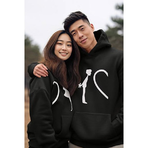 Sudaderas con Capucha Negras para Parejas con Estampado de Silueta de Corazón, Sudaderas de Algodón Tejido para Mujer, Ropa de Otoño, Corte Regular, Diseño con Logotipo Frontal - Product Image 2