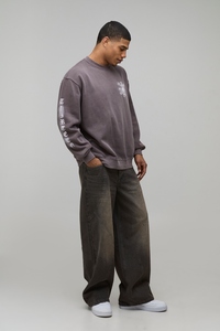 Sudadera gris lavada de cuello redondo para hombre con hombros caídos y estampado trasero, de forro polar, estilo urbano - Product Image 4