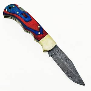 Cuchillo de bolsillo plegable EDC de acero de Damasco hecho a mano de primera calidad con punta recta y mango de madera, logotipo personalizado de fábrica - Product Image 5