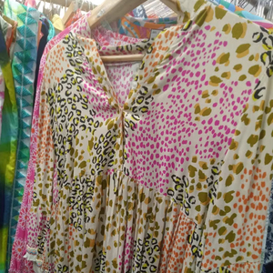 Hot Pink Star Vintage Satin <b>Balloon</b> Sleeve Tunic Orange Tassels Lightweight Gathered Yoke Summer Blouse Women Regular Fit Resort - Product Image 1