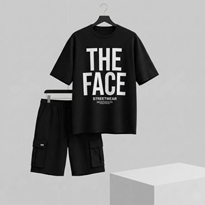 Conjunto de 2 piezas de ropa urbana para hombre: Camiseta oversize de algodón grueso transpirable para verano y pantalones cortos cargo relajados, personalizables de alta calidad. - Product Image 1