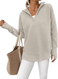 Womens Long Sleeve Quarter Zip <b>Pullover</b> Sweater Casual Loose V Neck Collared Ribbed Knit <b>Jumper</b> Tops Thumb Hole - Product Image 3