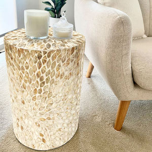 Floral Leaf Pattern Cylinder <b>Stools</b> Mother of Pearl Handcrafted Mosaic Small Side Table For Living Room <b>Bedroom</b> Decor Use - Product Image 4