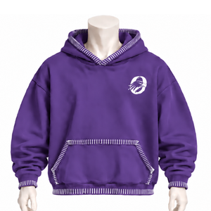 Sweat à capuche violet surdimensionné avec bordure cousue, effet vieilli, surpiqûres contrastées, poche kangourou, coupe décontractée, style streetwear - Product Image 1