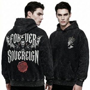 Sweat à capuche personnalisé épais rouge délavé à l'acide, imprimé graphique gothique Cold Blood, coupe oversize en molleton bouclette, pour homme, style streetwear, fabricant - Product Image 3